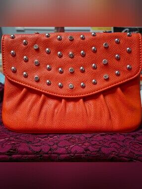 Grace Adele Rare Studded Orange Leather Clutch 7×9" With 24" Strap New No Tag